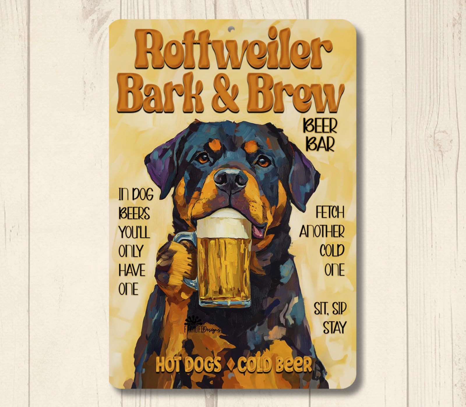Rottweiler Beer Bar Sign Bark & Brew pub man cave dog funny metal tin wall art home decor