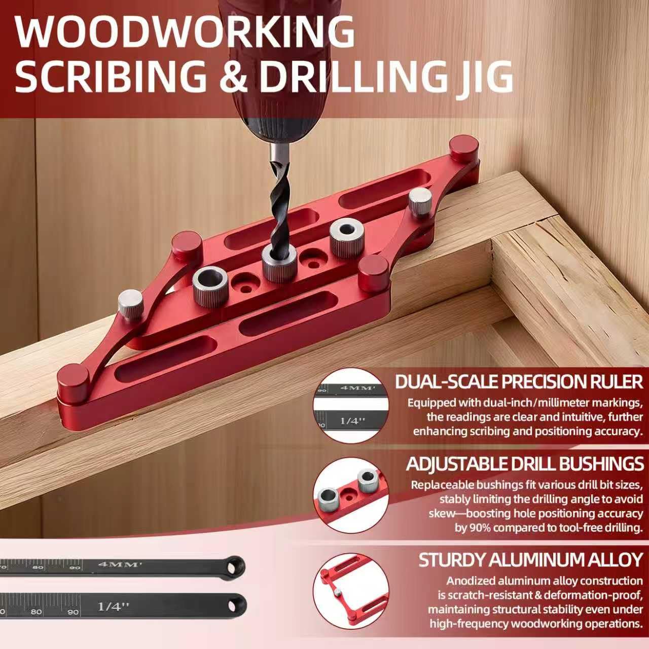 Center Finder Gauge with Interchangeable Rods,Self Centering Doweling Jig Woodworking Joinery Hole Drill Guide, Positioner Locator Tool ,Woodworking Marking — Amazon image 6