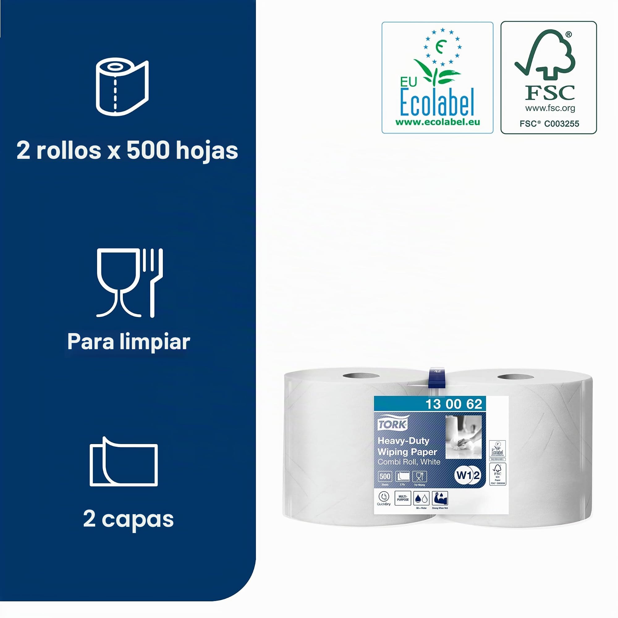 Tork 130062 Papel de secado de uso intensivo QuickDry Premium / 2 capas/Paños de limpieza compatibles con los sistemas W1 y W2 / 2 bobinas x 170 m de largo/colorBlancoo