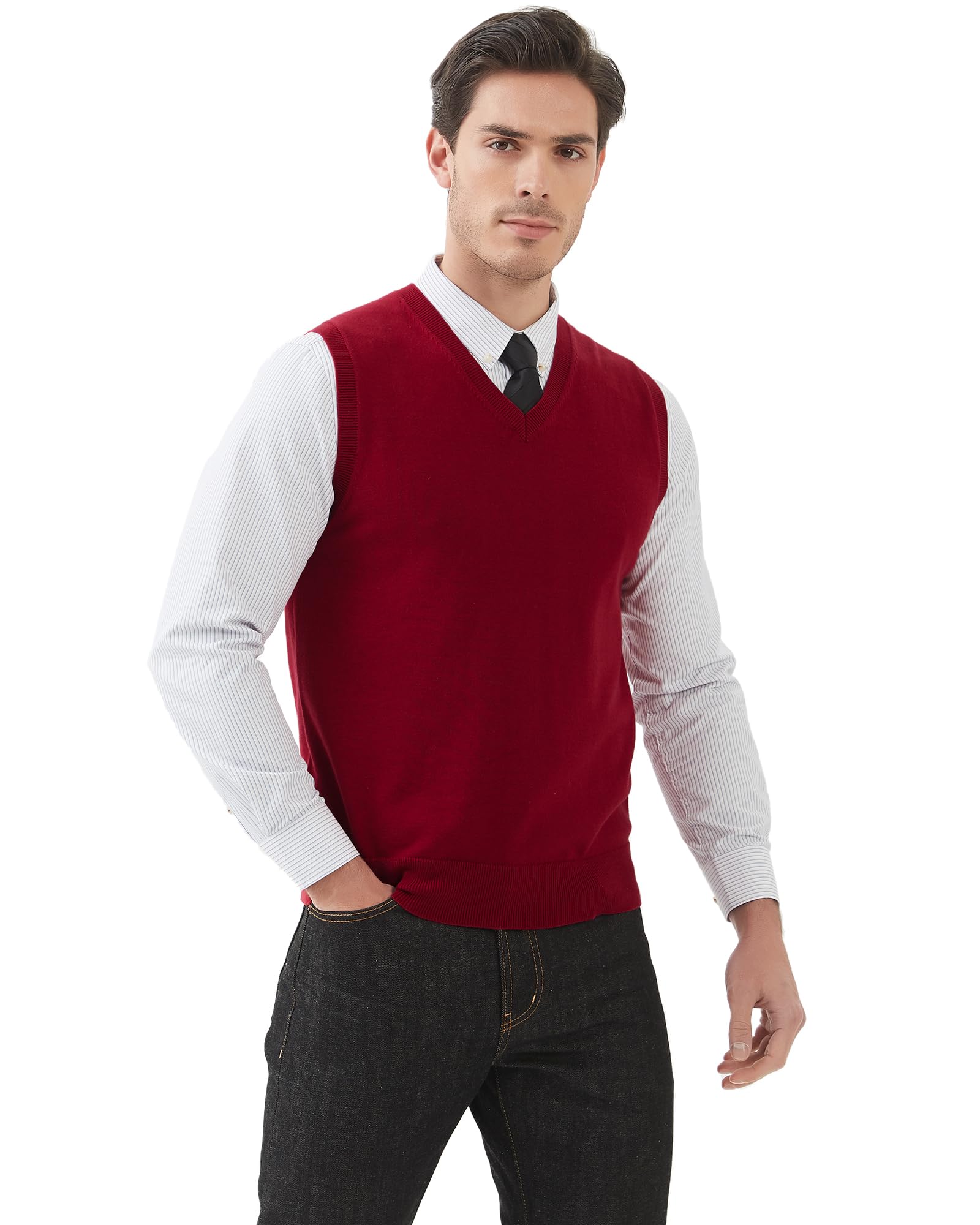 Kallspin Hommes Gilets en Coton sans Manches Col en V Gilets tricotés Pull-Over Relaxed Fit Sweater Vest