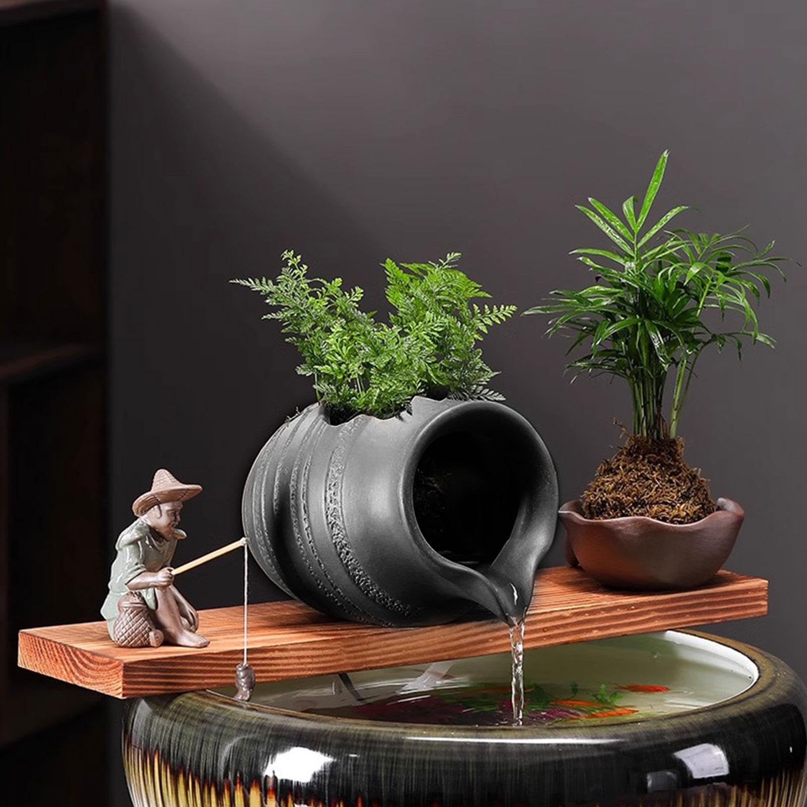 KESOTO Zirkulierendes Wasser Tontopf Hydrokulturvase Wasserfall Dekor Wasserbrunnenglas für Den Desktop Im Freien Wasserbrunnenglas, Schwarz
