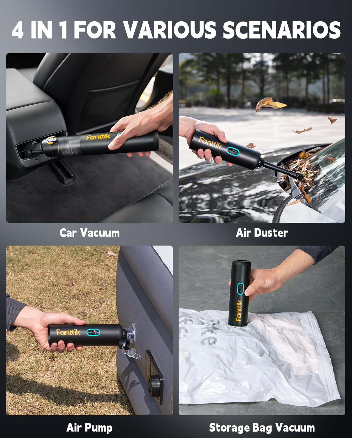 Fanttik Slim V8 Apex Aspirador de Mano inalámbrico para Coche, Alta Potencia de succión 19000 Pa,Carga rápida USB-C en 2,5 Horas, 4 en 1 Aspirador y soplador de Aire y Bomba (Negro)