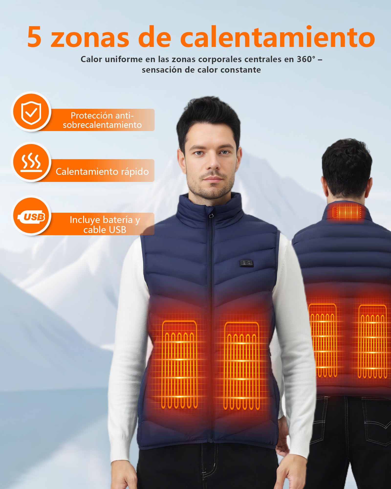 Chaleco Calefactable Hombre con Batería De 10000 mAh, 3 Temperaturas, 5 Zonas de Calentamiento, Chaqueta Calentable con Carga USB, para Esquí, Motociclismo, Senderismo y Pesca(Azul,S)