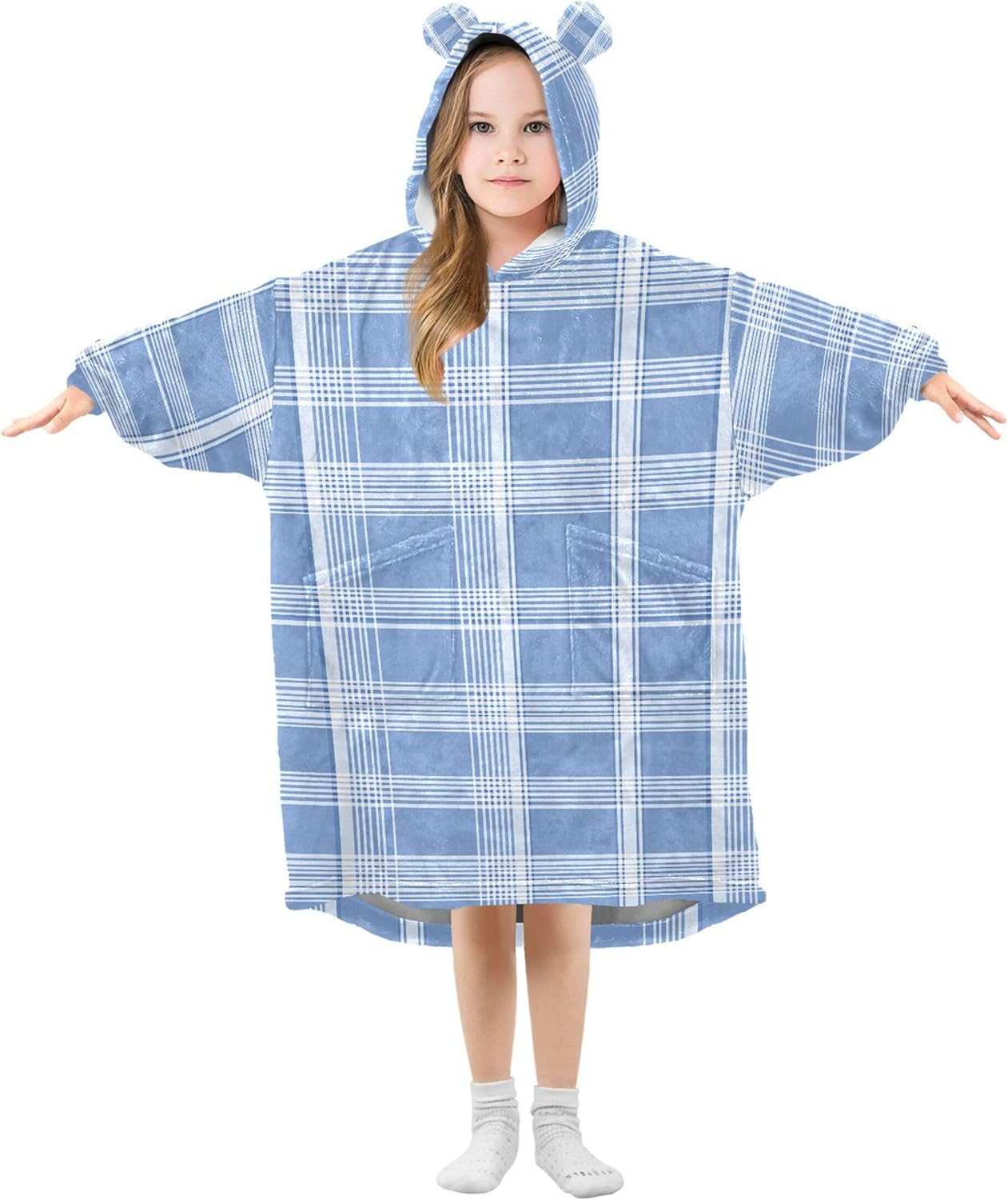 Blue Buffalo Check Plaid Kids Wearable Blanket Hoodie and Sleeves for Toddlers, Cute Hoodies Girls B0403945