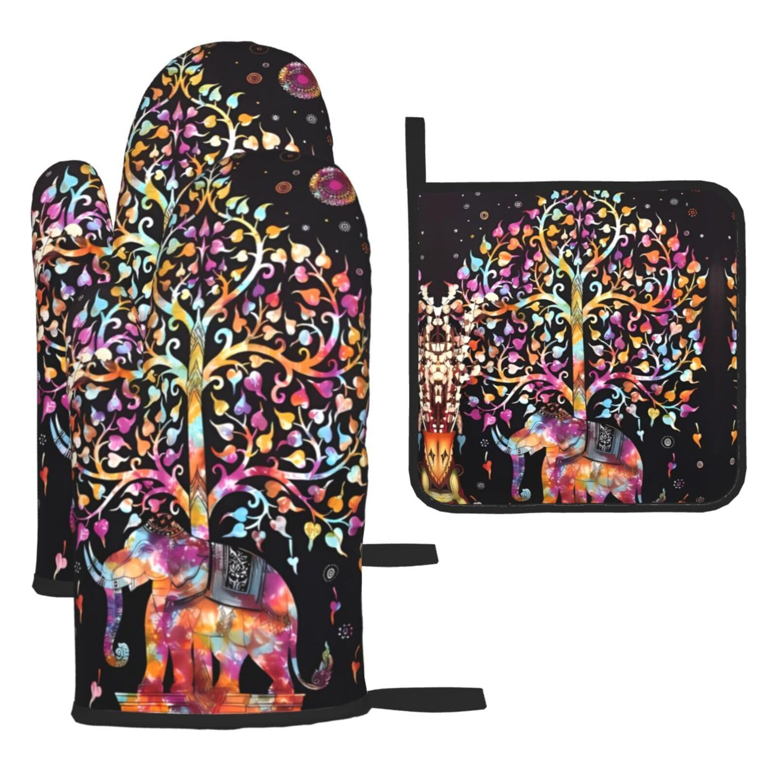 Elephant and Tree of Life Printed Oven Mitt Set 3-Piece | Heat Resistant Gloves & Pot Holder Mat for Cooking, Baking & BBQ