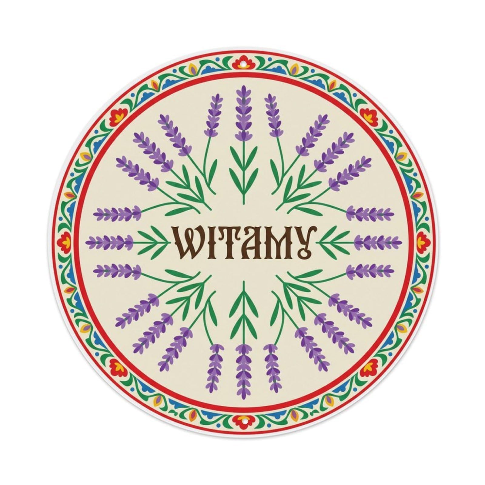 Fyrn Style Metal Tin Sign Vintage Polish Folk Art Witamy Welcome Lavender Purple