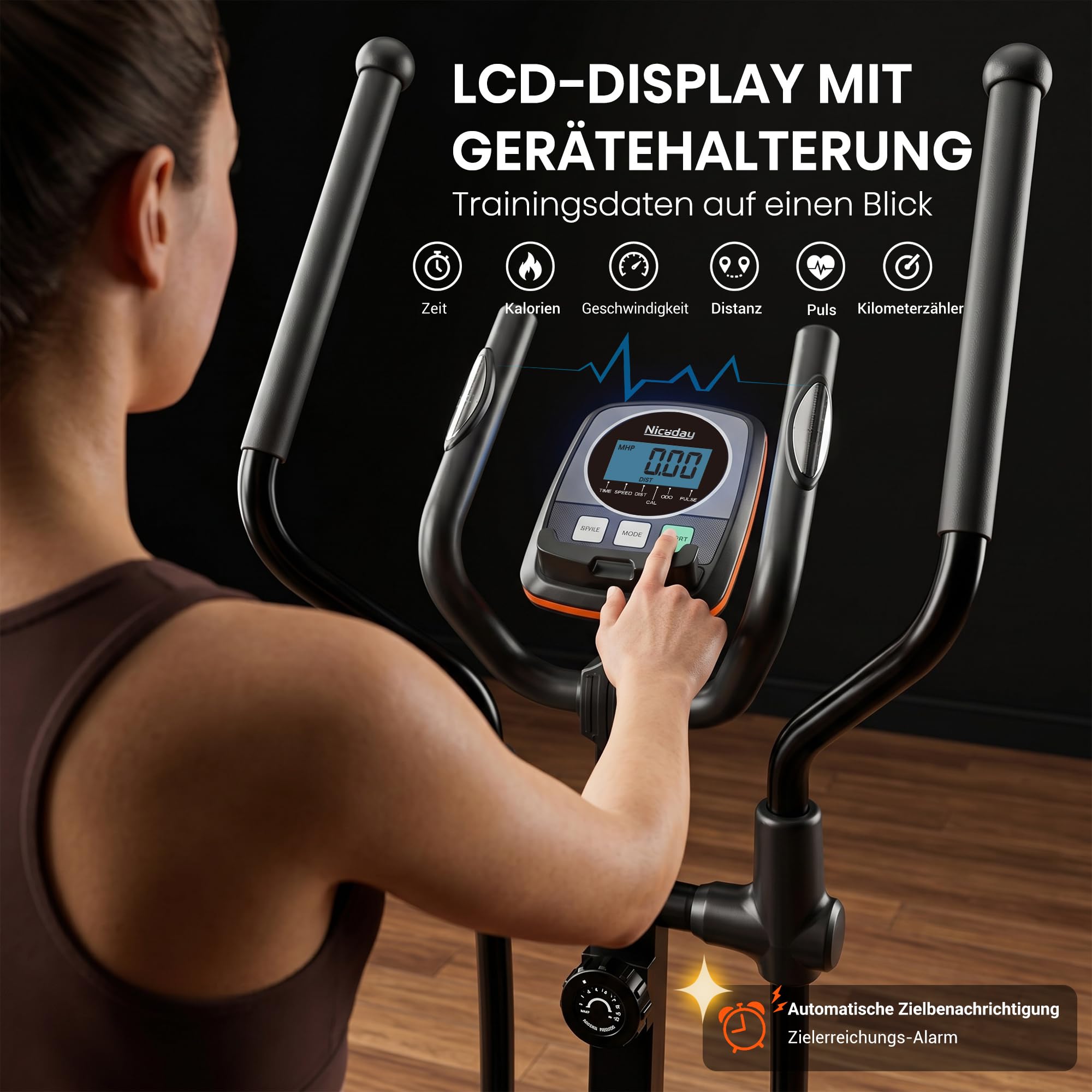 Ellipsentrainer mit 51 cm Schrittlänge, Crosstrainer für Zuhause, 32 Magnet-Widerständen und 20-stufiger Power-Incline (Black+Gold)