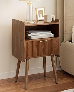 HEYZOEY Bedside Table, Modern Wooden Bedside Table with Storage Drawer Side Table for Bedroom, Living Room, Office, Walnut
