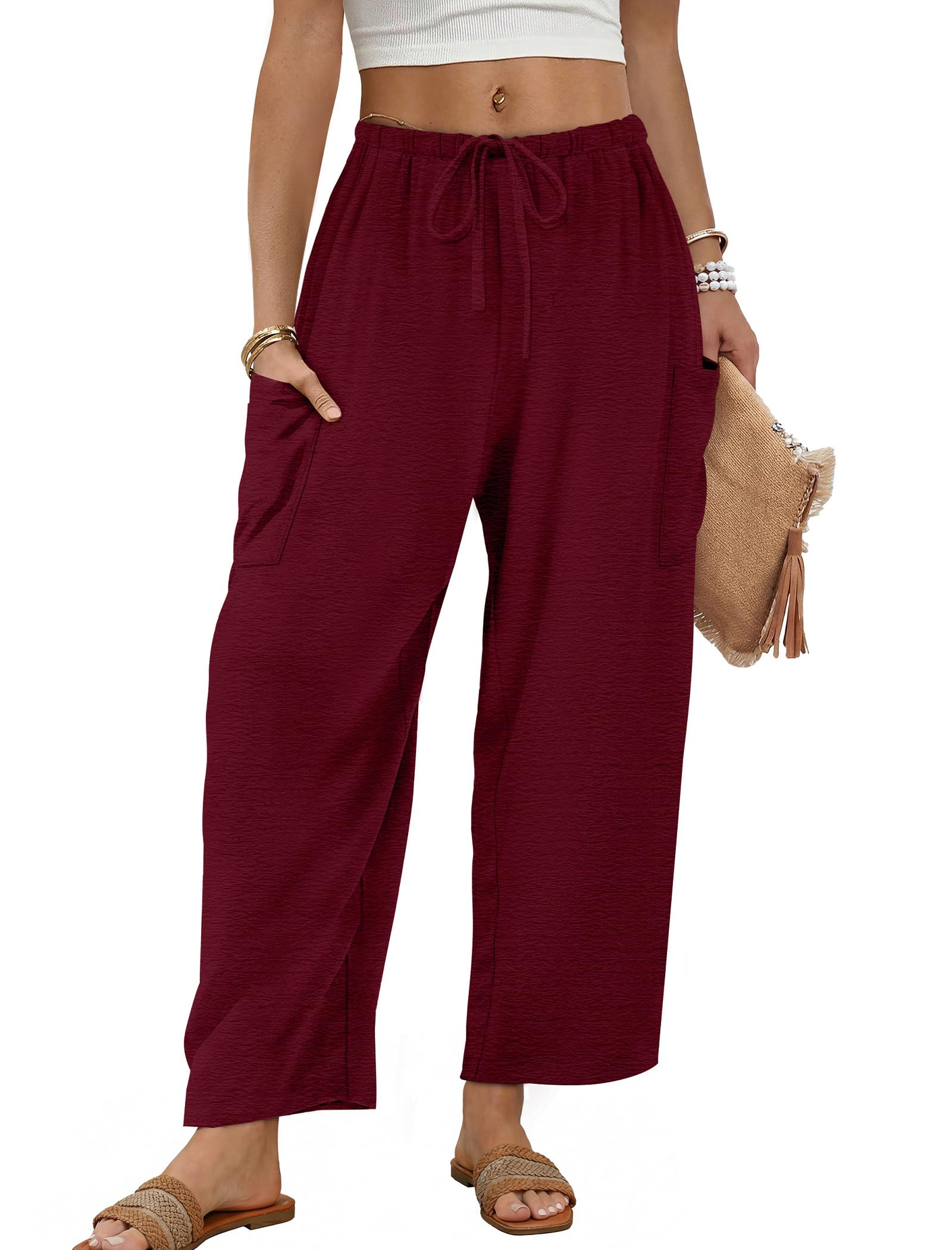 Sampeel Wide Leg Pants for Women Barrel Flowy Palazzo Elastic Waist Trousers with Pockets Summer Beach Vacation Outfits — view 8