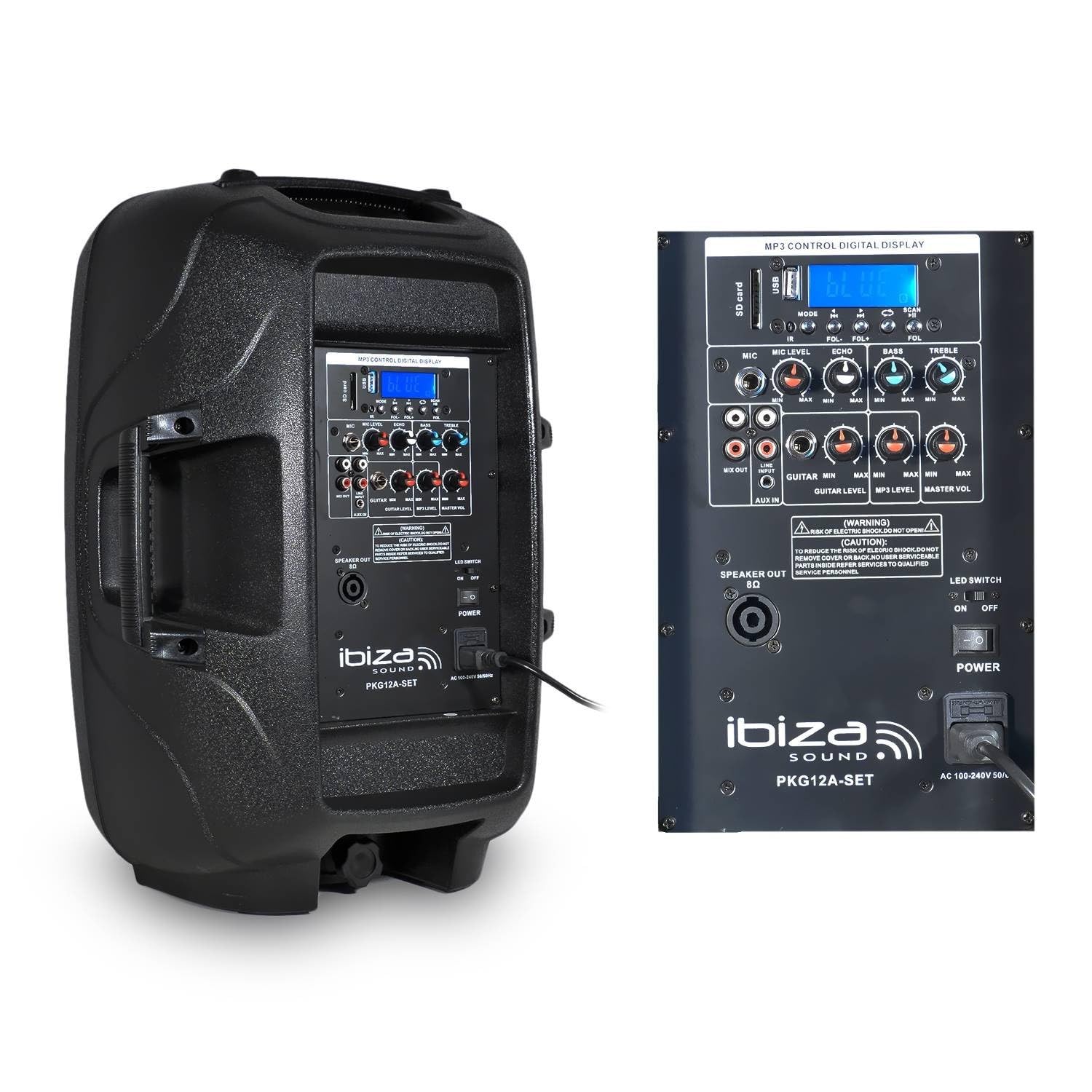 Pack sono composé de 2 enceintes actives/passives dotées de 12 LED, trépieds, 1 micro et 1 télécommande, avec lecteur de cartes SD, port USB, Bluetooth et Radio FM