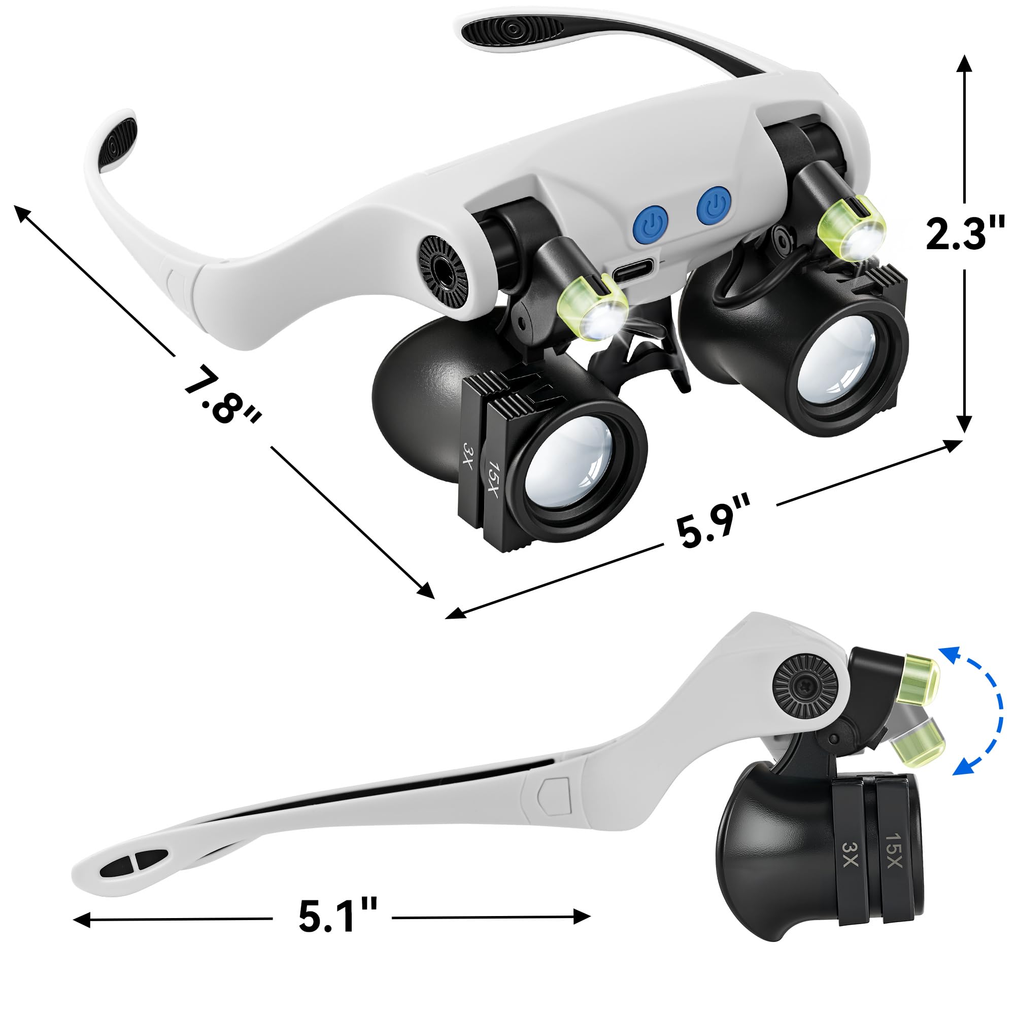JARLINK Lupa de diadema de 3X a 13X con 12 lentes desmontables, lupa recargable de cabeza libre para trabajo cercano, lectura, joyería, manualidades