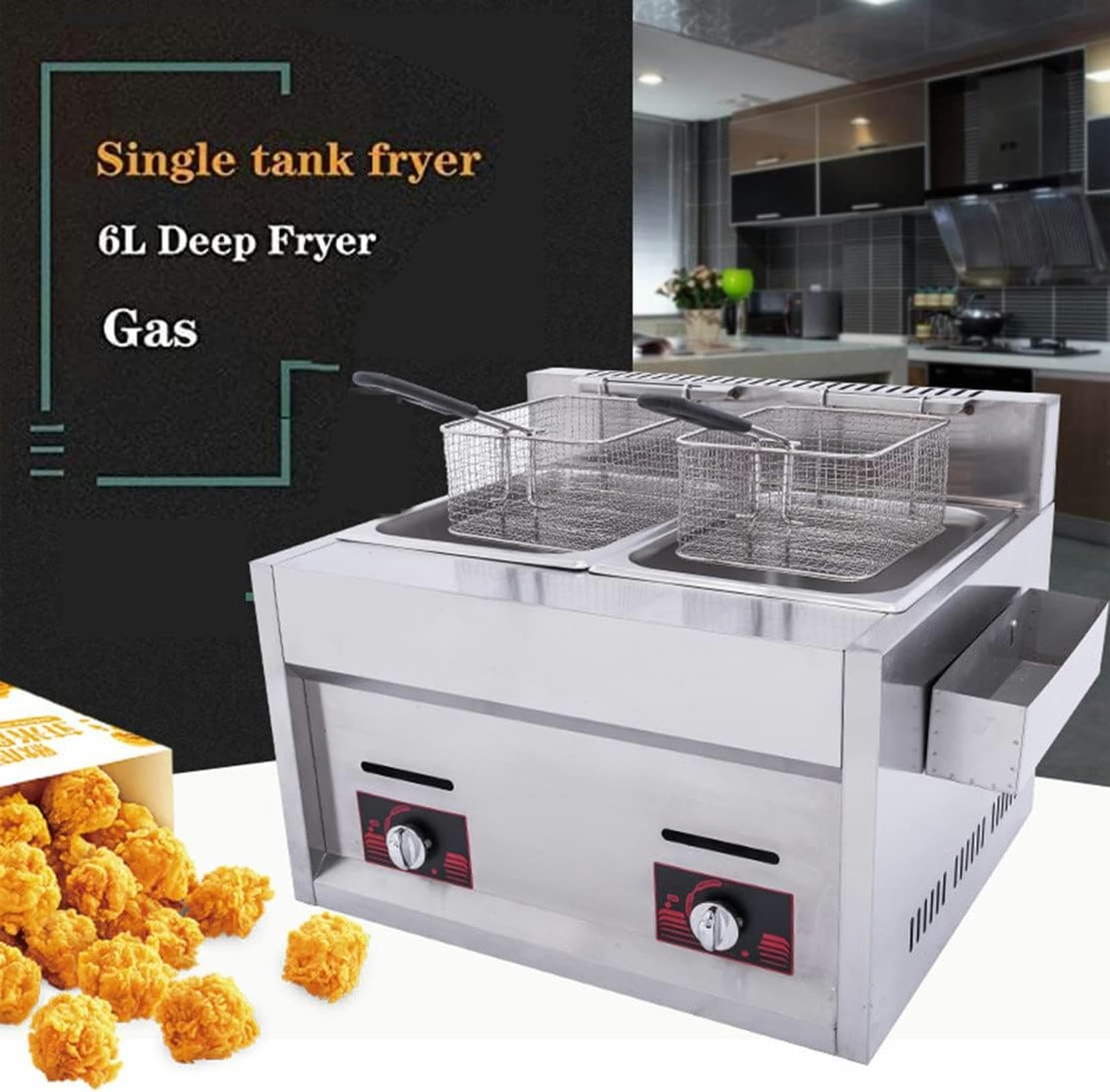 Freidora a Gas, freidora de encimera de Acero Inoxidable, freidora de Cocina Profesional Comercial, Cesta de Aceite extraíble con Control de Temperatura, Caldera Doble~/