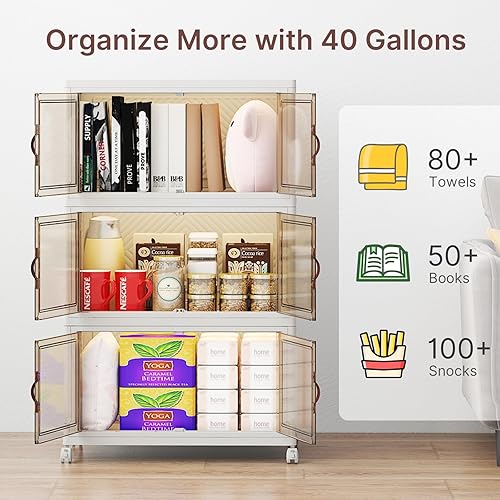 Miniatura 3 de Contenedores de almacenamiento apilables de 165 cuartos de galón con tapas, gabinete de plástico con puertas y ruedas, paquete de 3 cajas plegables,