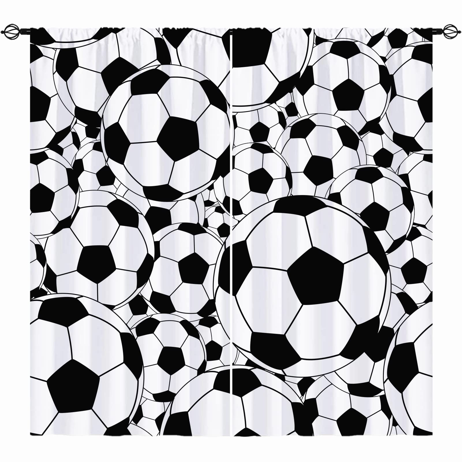 Sport Curtains Rod Pocket Boys Kids Soccer Classical White and Black Football Balls Cartoon Print Pattern Window Drapes for Man Teen Nursery Baby Bedroom Playroom W42 x L63 Inch 2 Panels