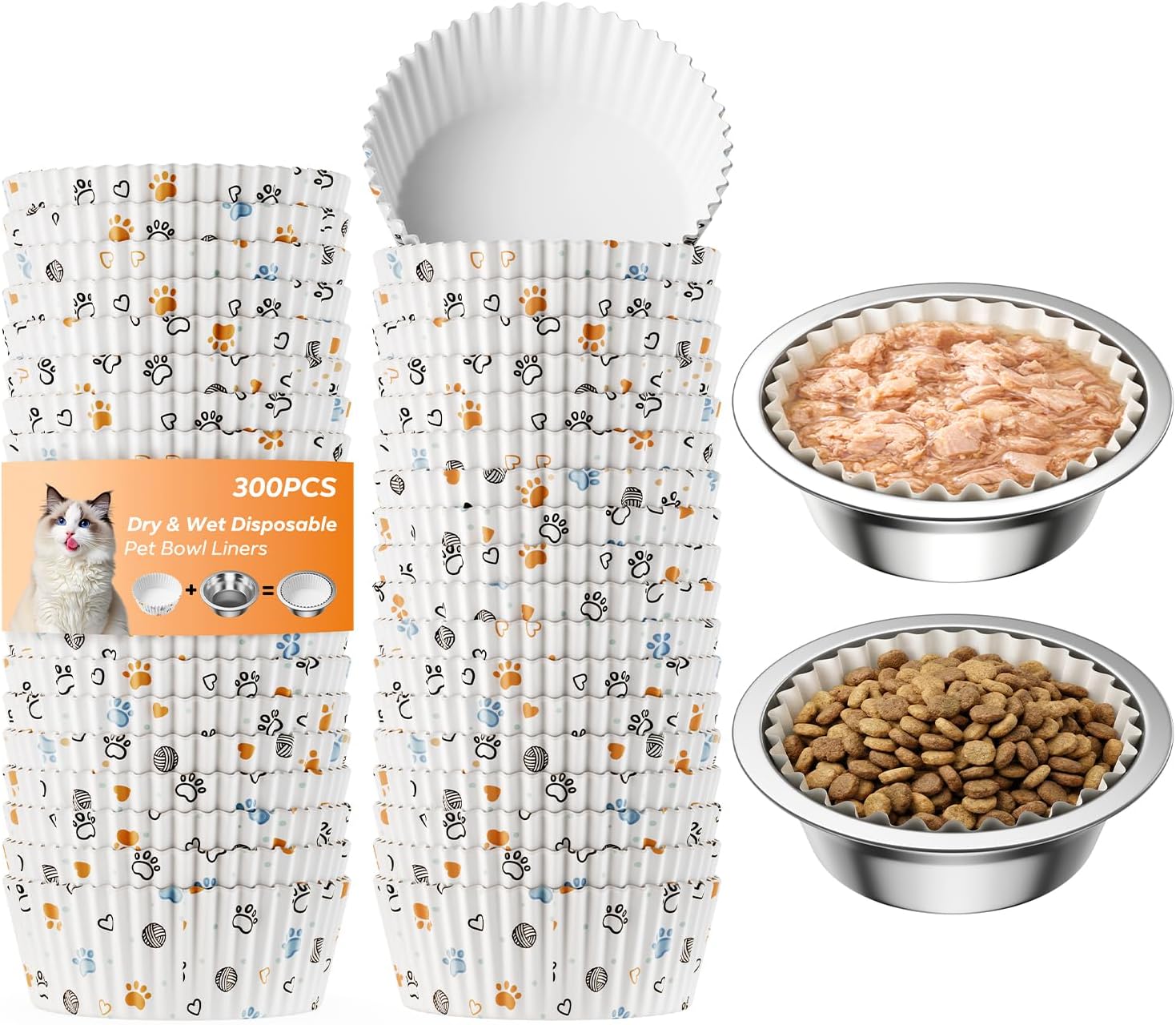 300 Pack Disposable Cat Bowl Liners with 2 Stainless Steel Bowls | Bulk White Paper Pet Feeding Liners, Small Cats & Dogs, Wet or Dry Food Feeding Station, Heavy Duty, Leakproof, Easy Clean Up