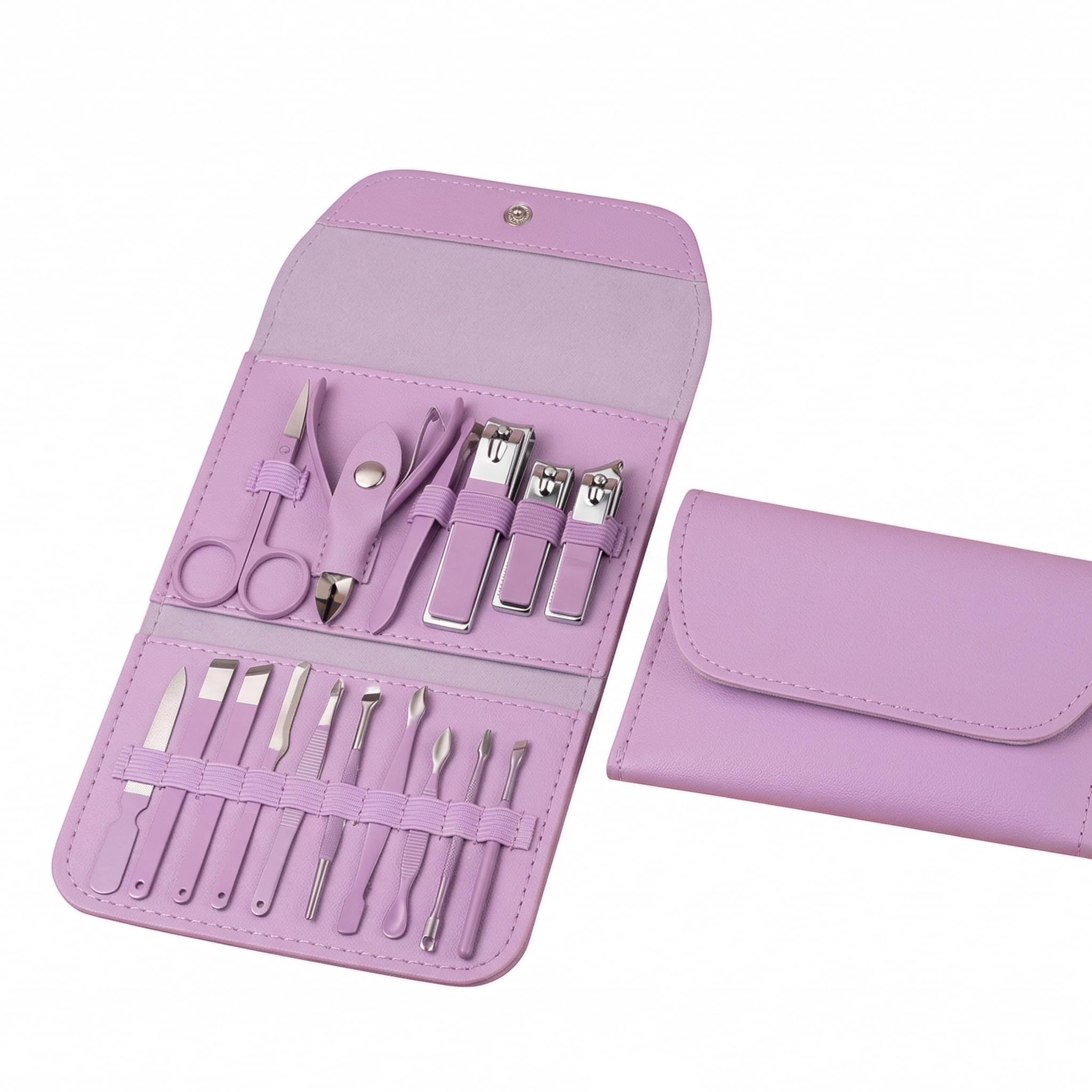 Manicure Pedicure Kit, Purple, Stainless Steel Tools, with Leather Travel Case, Nail Clippers, Cuticle Nipper, Scissors-image-33
