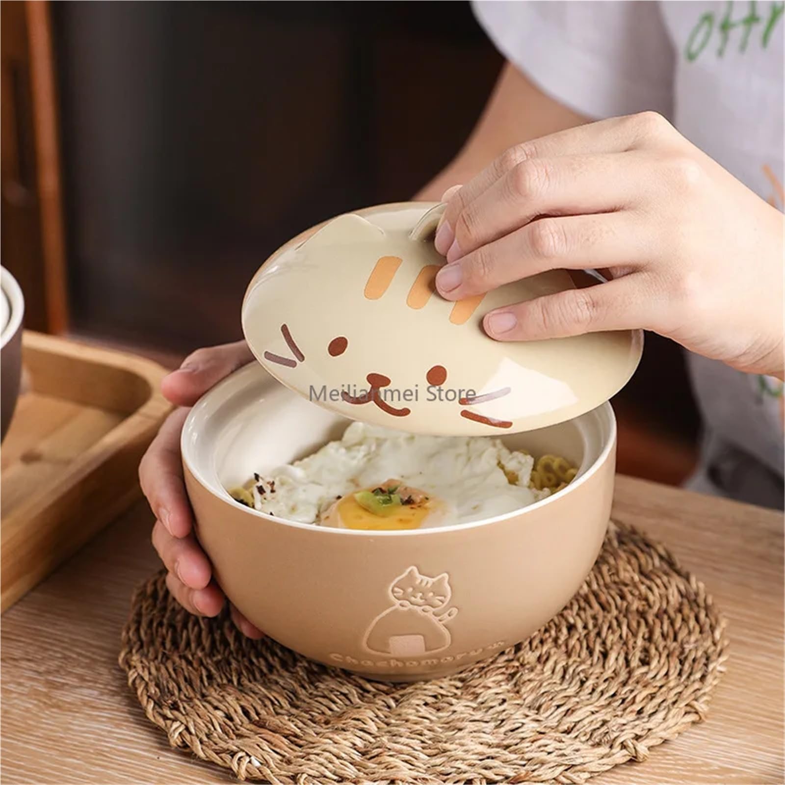 Bol à soupe japonais créatif en céramique avec couvercle, motif chat mignon de dessin animé, multi-usage pour nouilles instantanées, riz, vaisselle domestique (As)