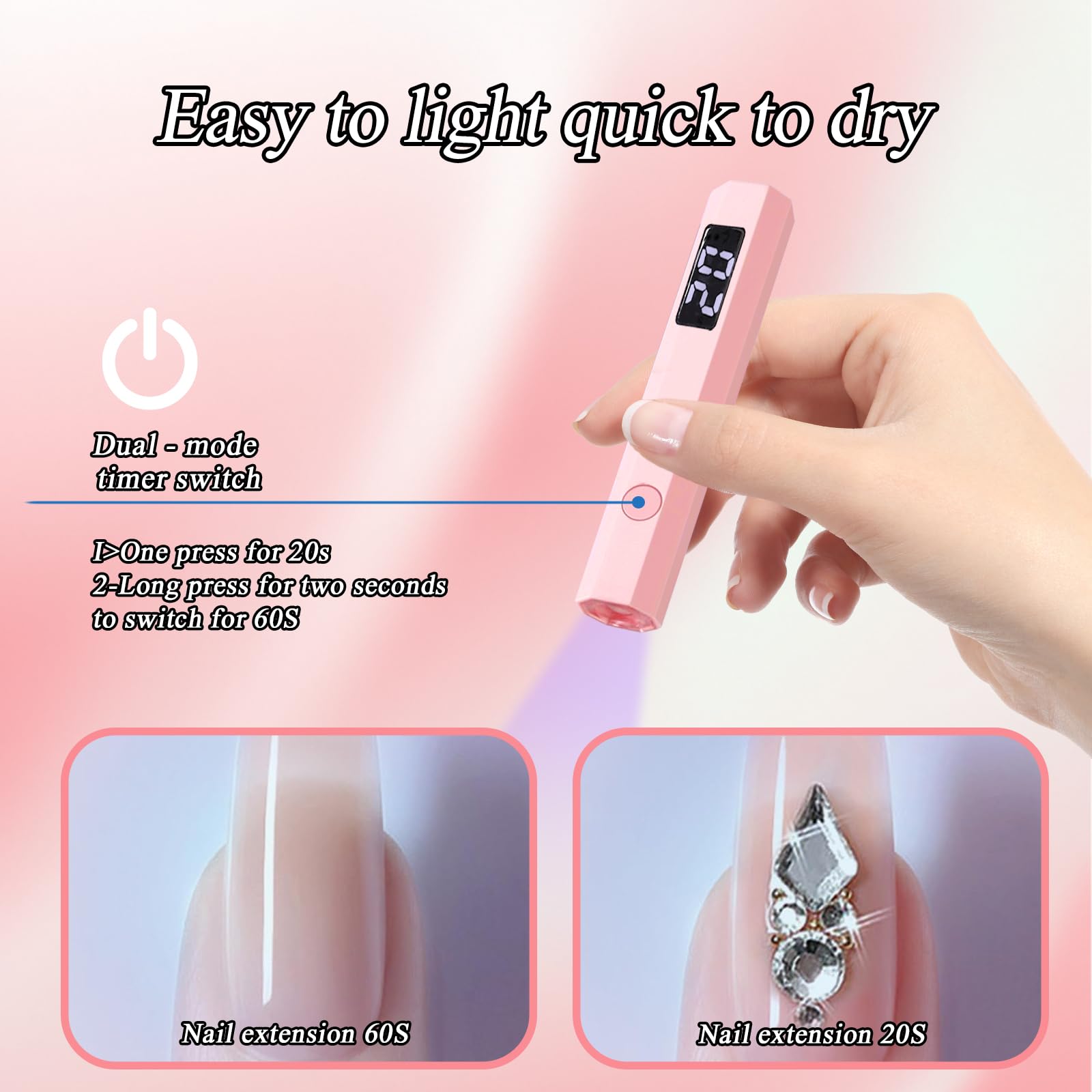 Mini Lampada UV LED Unghie, 3W Piccola Lampada Gel Unghie con Supporto Pieghevole, Timer 20/60S, Portatile Torcia per Asciugatura Rapida Smalto Gel, Colla UV e Prolunghe Unghie per DIY e Viaggi