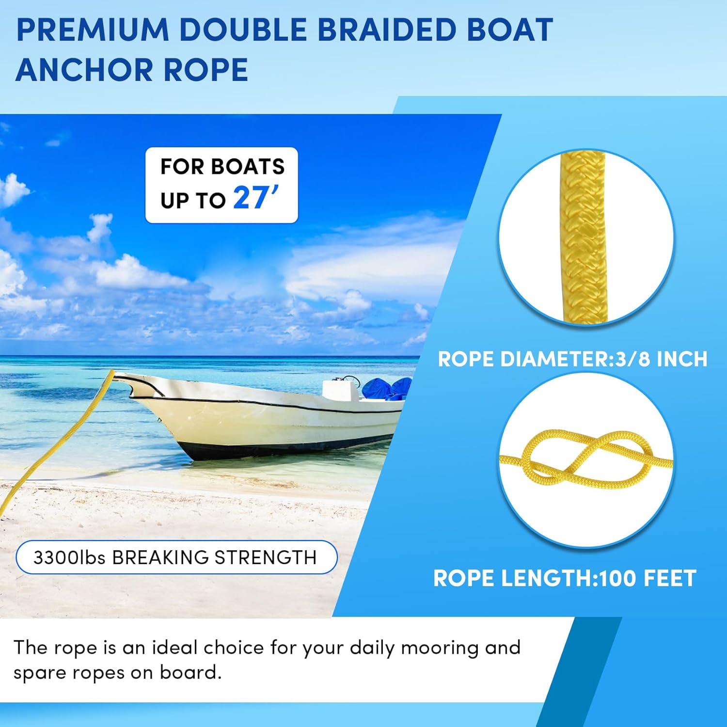 Boat Anchor Rope 100 ft x 3/8 inch Yellow, Double Braided Anchor Line with Stainless Steel Thimble & Shackle, Marine Rope Ideal for Towing,Mooring,Decks,Anchoring,for Boats Up to 27'