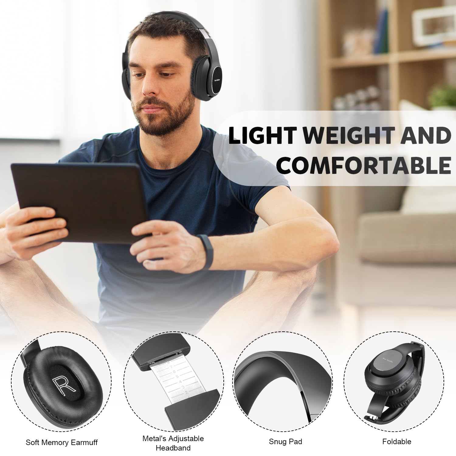 WorWoder Cuffietta senza fili da 80 ore, Bluetooth 5.0 wireless e cablata, audio stereo HiFi con microfono, cuffie leggere con bassi profondi per lavoro, viaggi di classe online (nero)