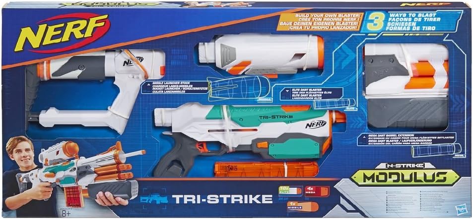Nerf Modulus Tri-Strike Blaster components in packaging