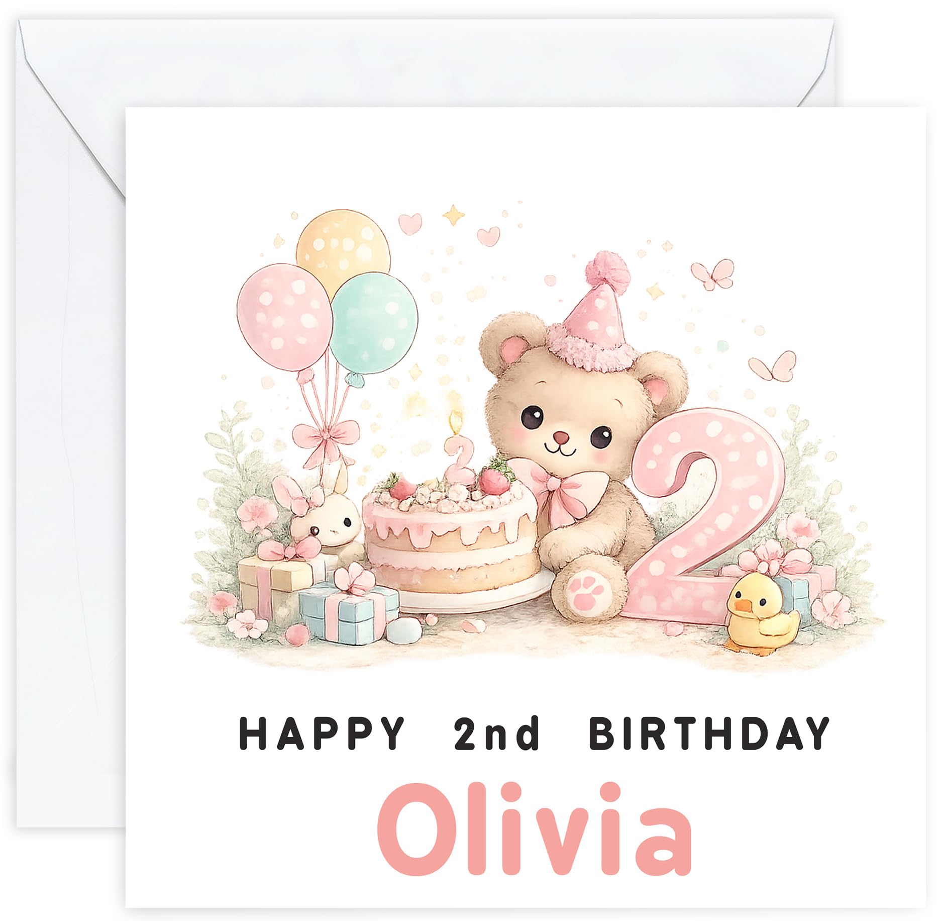 Personalised 2nd Birthday Card for Girl | Two Year Old Girls Birthday Card with Name | For Her, Daughter, Granddaughter, Niece or Goddaughter (Design 4)
