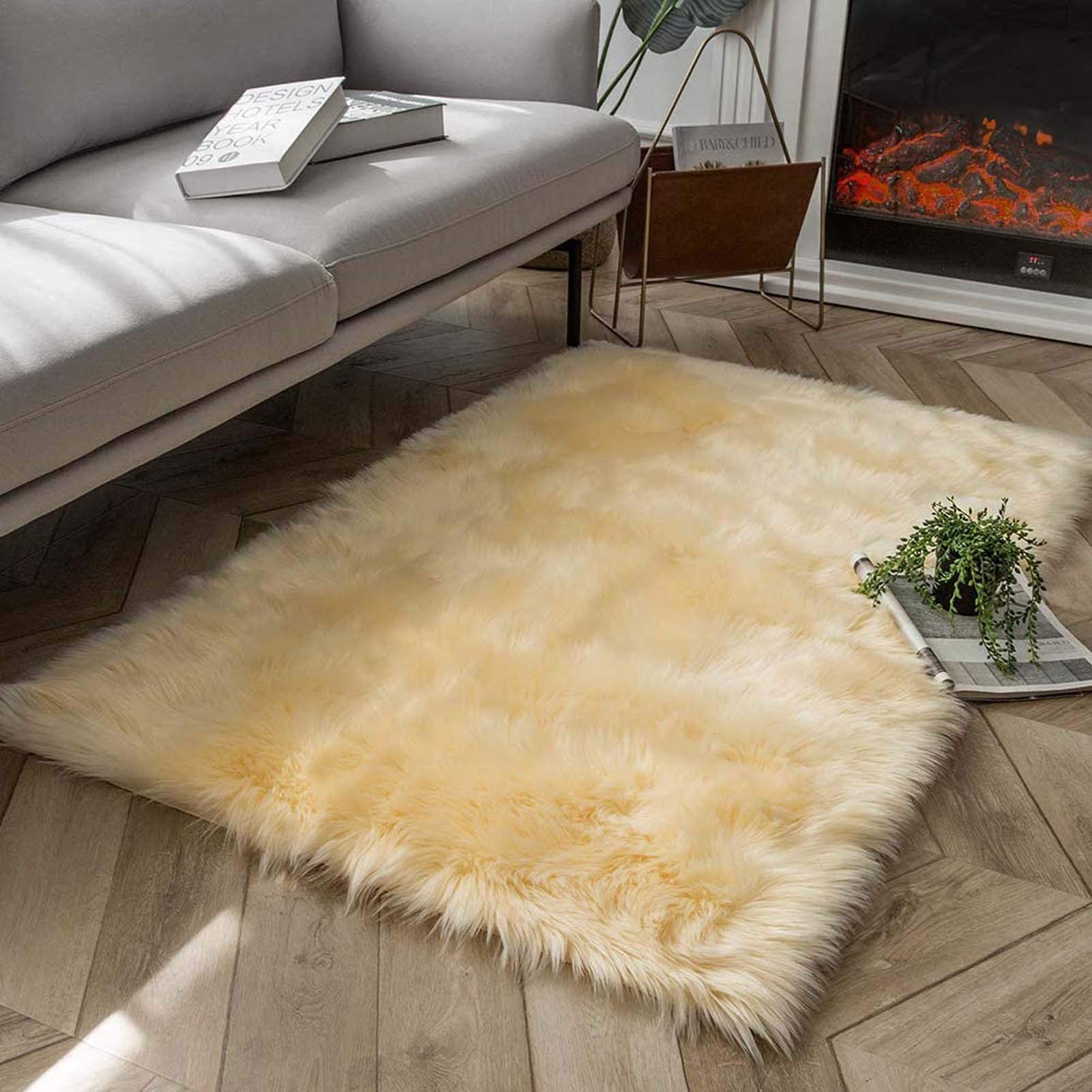 Faux Peau de Mouton en Laine Tapis, Tapis Fourrure synthétique Fluffy Soft Longhair Décoratif Coussin de Chaise Canapé Natte, Chambre Chevet Tapis