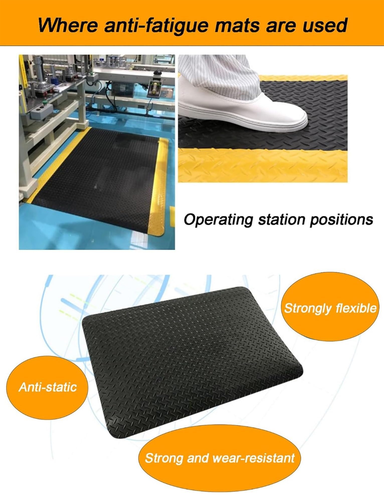 Alfombra antifatiga Industrial PVC 20mm Esterilla Suelo Antideslizante | Para talleres y almacenes con acolchado cómodo, diseño diamante y apoyo prolongado(Black-Yellow,70x60cm)
