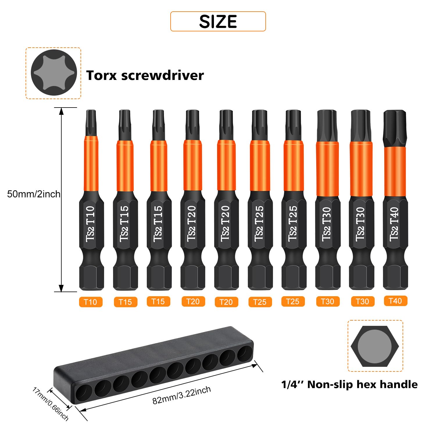 drado Zestaw 10 bitów Torx, wkrętak magnetyczny ze stali S2 1/4" Torx T10, T15, T20, T25, T30, T40, z pudełkiem dozownika (50 mm)