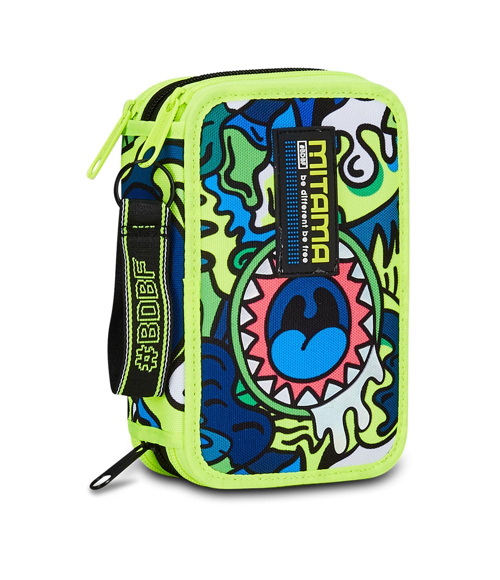 Mitama Estuche Escolar con 3 Compartimentos, Super Triple Fluo Monster, Contenido 50 Unidades, Incluye lápices, rotuladores, portalápices Escuela Primaria niño, Verde, Talla única, Estuche con 3