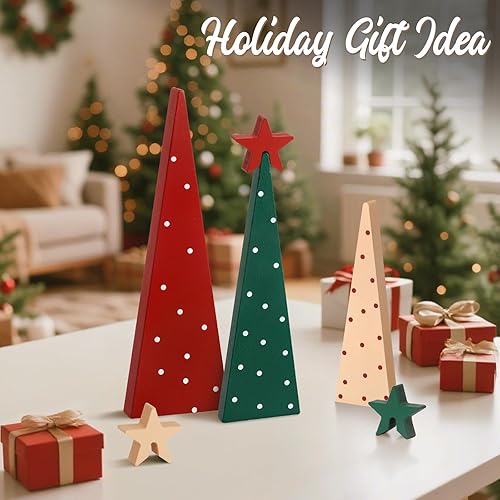 Miniatura 4 de Decoraciones de mesa de Navidad, 3 mini centros de mesa de árbol de Navidad con estrellas desmontables, decoraciones de Navidad de madera para