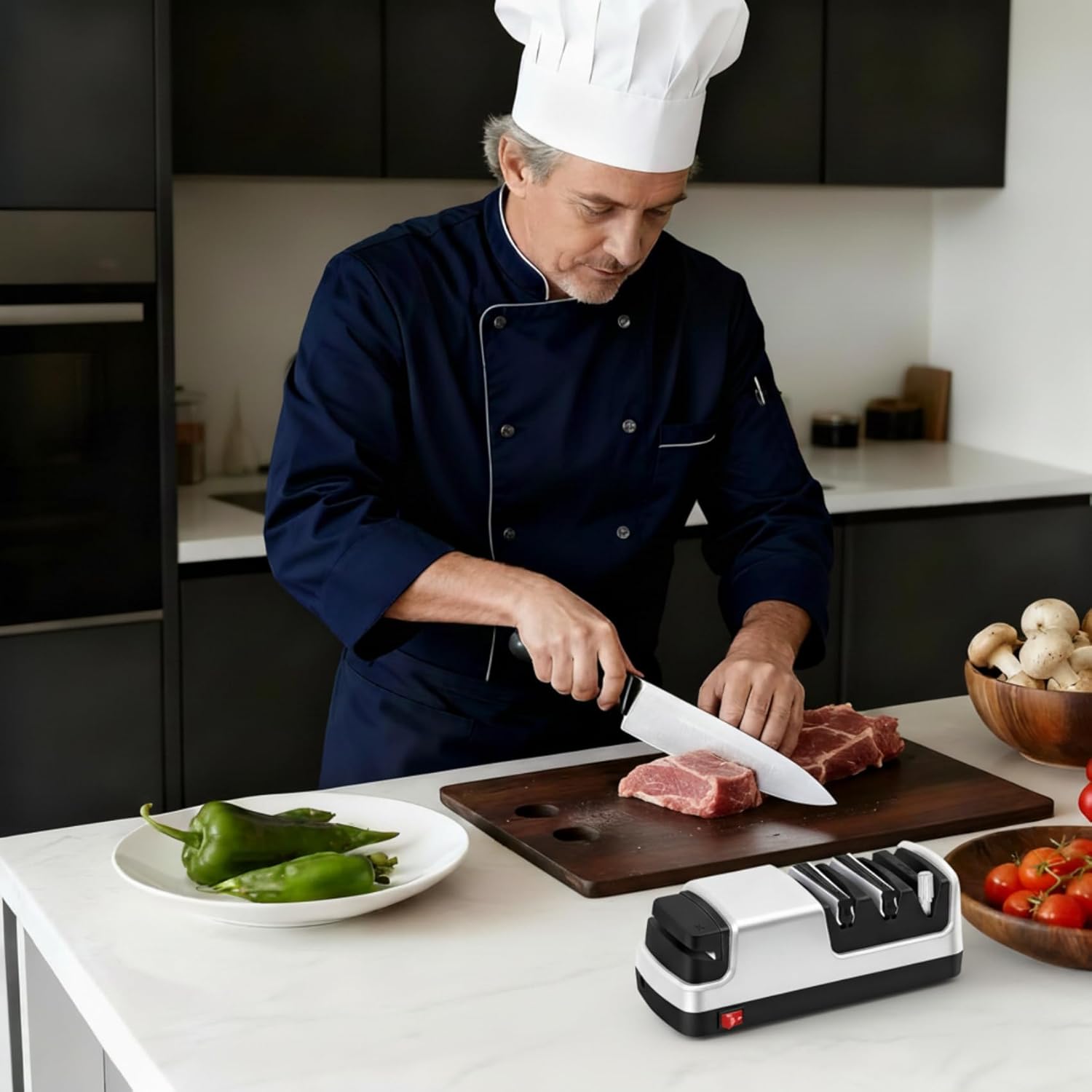 4-in-1 Electric Knife Sharpener - Professional 2-Stage Diamond Sharpening System for Straight and Serrated Knives Scissors and Polishing Rod - Kitchen Blade Sharpener