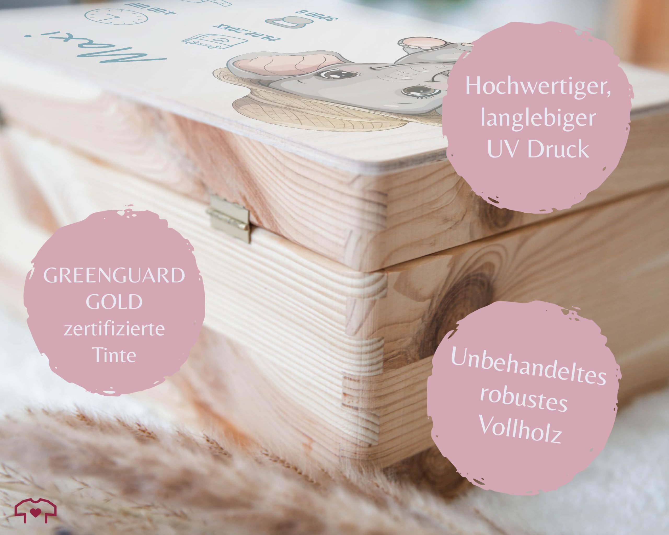 Holz Geschenkbox Holzkiste - Erinnerungsbox Baby Personalisiert mit Elefant und Name | Personalisierte Geschenke Baby Geburt | Geschenke zur Geburt - 30 x 20 x 14 - Holz - erinnerung neugeborene