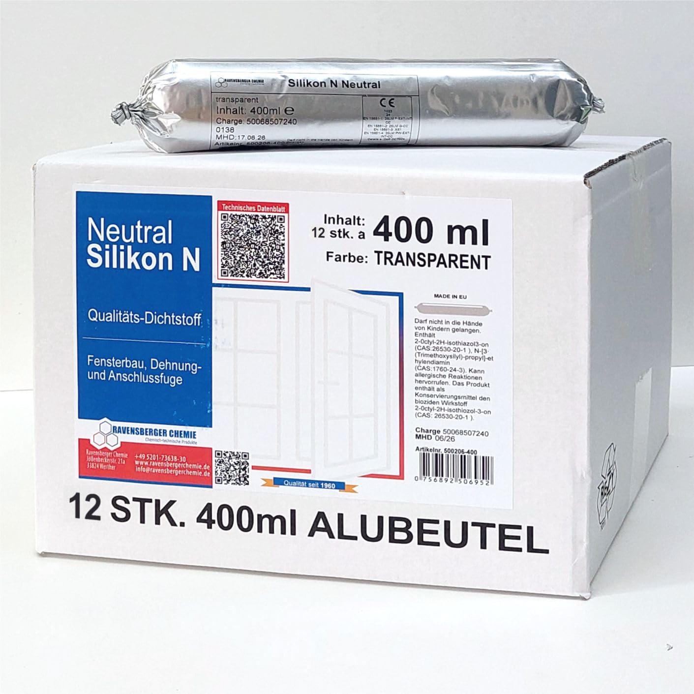 Silikon N Bausilikon transparent - Folienbeutel – neutralvernetzend für Fenster- & Bauanschlussfugen, Glasversiegelung & Dehnfugen – sehr gut verarbeitbar - 12x 400 ml