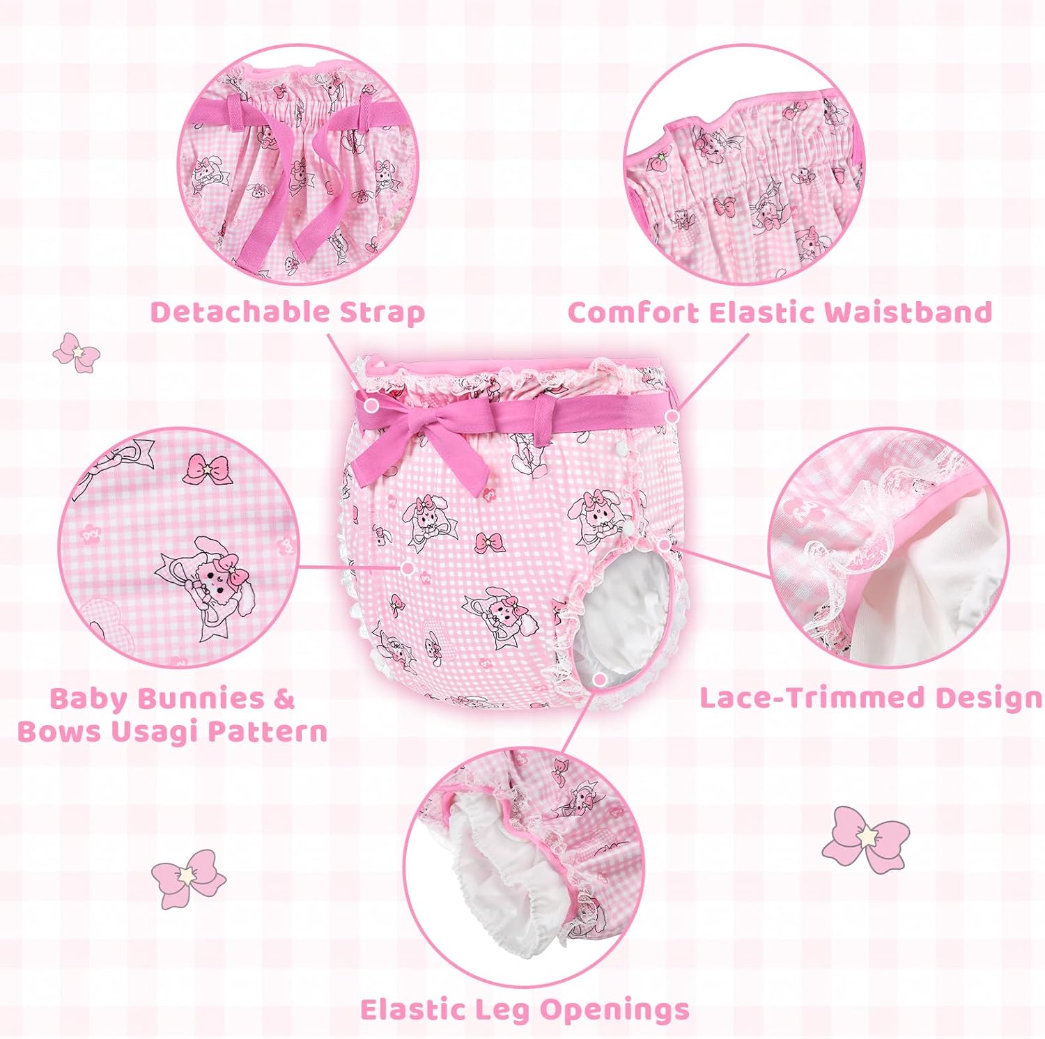 Littleforbig Silky Adult Ribbon Omutsu Diaper Wrap Cover Washable Adjustable Reusable Waterproof - Bunnies & Bows Usagi L - Image 3