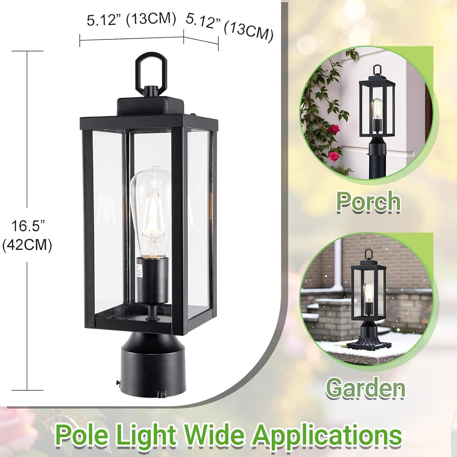 GRUENLICH Outdoor Post Lighting Fixture Pole Lantern, E26 Medium Base Max 60W, Metal Housing Plus Glass, Matte Black Finish, Bulb Not Included, 1 Pack
