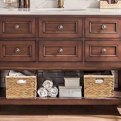 Miniatura 2 de Cesta rectangular grande de mimbre con asas de madera incorporadas, cesta tejida de jacinto de agua para organizar, estantes de utilidad, cesta de