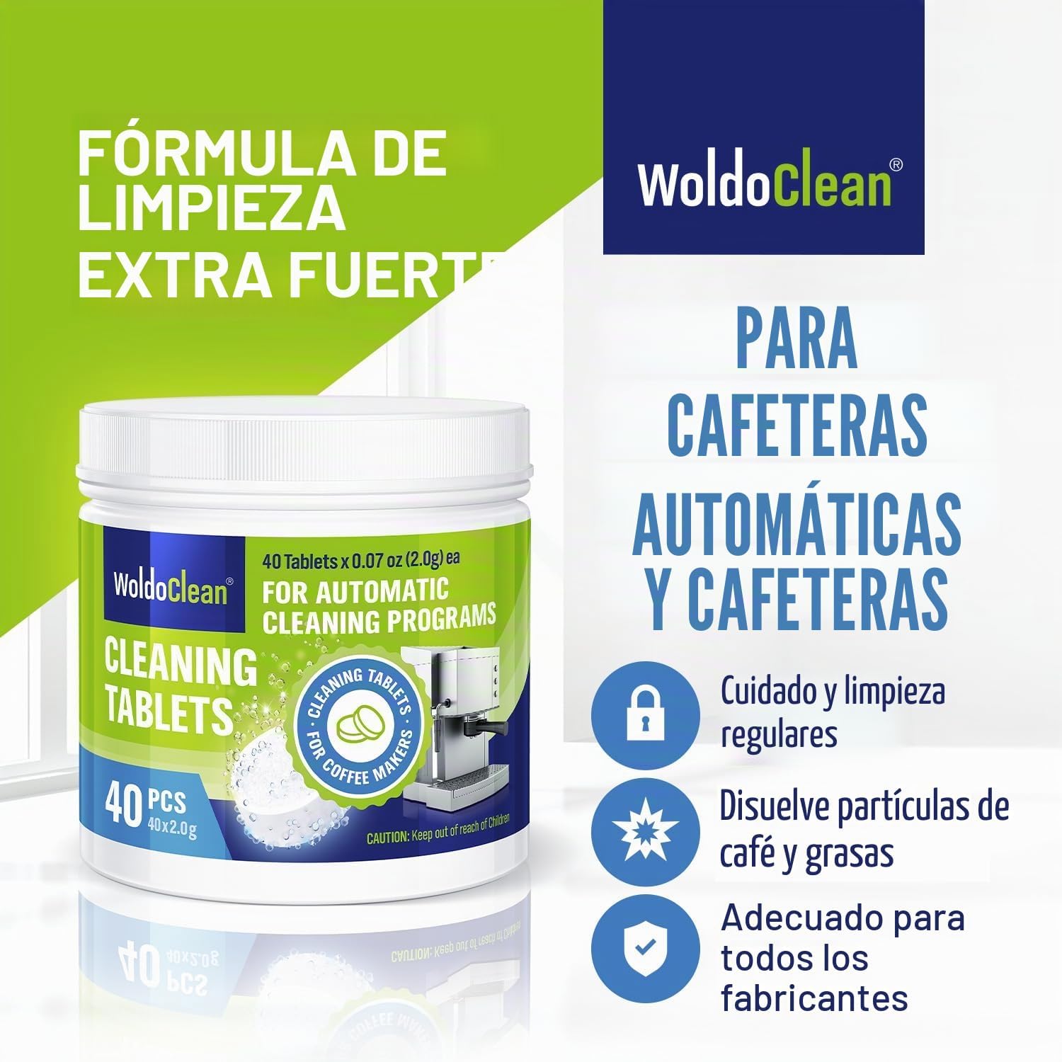 WoldoClean cleaning tablets with text 'Extra Strong Cleaning Formula' and 'For Automatic Coffee Makers and Coffee Machines'.