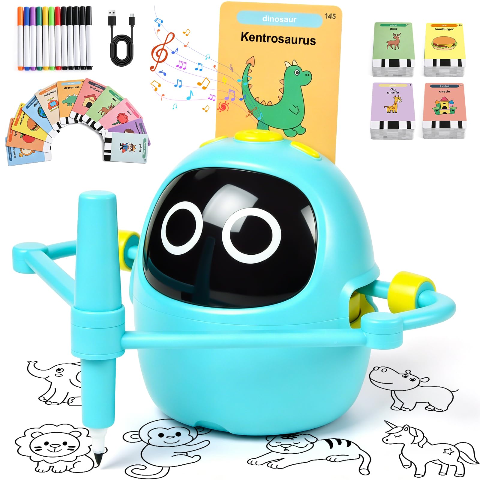 Robot rysunkowy dla dzieci, 220 kartek do nauki z prowadzeniem głosowym Montessori, malowanie, dla dziewcząt i chłopców, 3-8 lat, prezent urodzinowy, Boże Narodzenie (wersja w języku