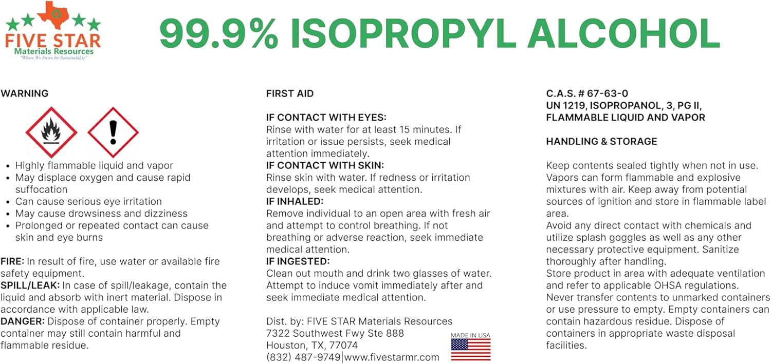 99.9% Pure Isopropyl Alcohol, 99 Percent IPA 1 Gallon, USP Grade, Made in The USA