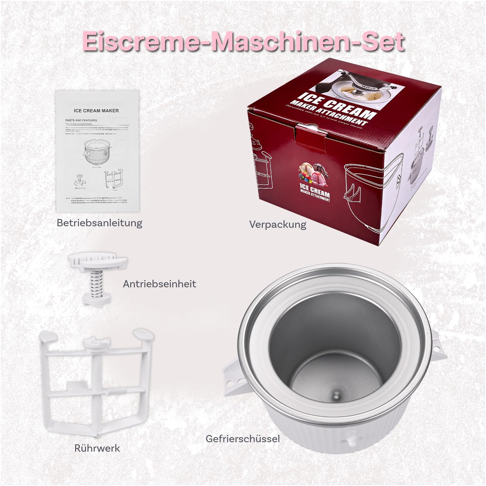 Eismaschinen-Aufsatz für KitchenAid StandMixer – Kompatibel mit KitchenAid 4,5QT, 5QT & 6QT Tilt-Head und Bowl-Lift Mixern – 1,9L Eisschale für Eiscreme, Sorbet, Gelato und Frozen Joghurt