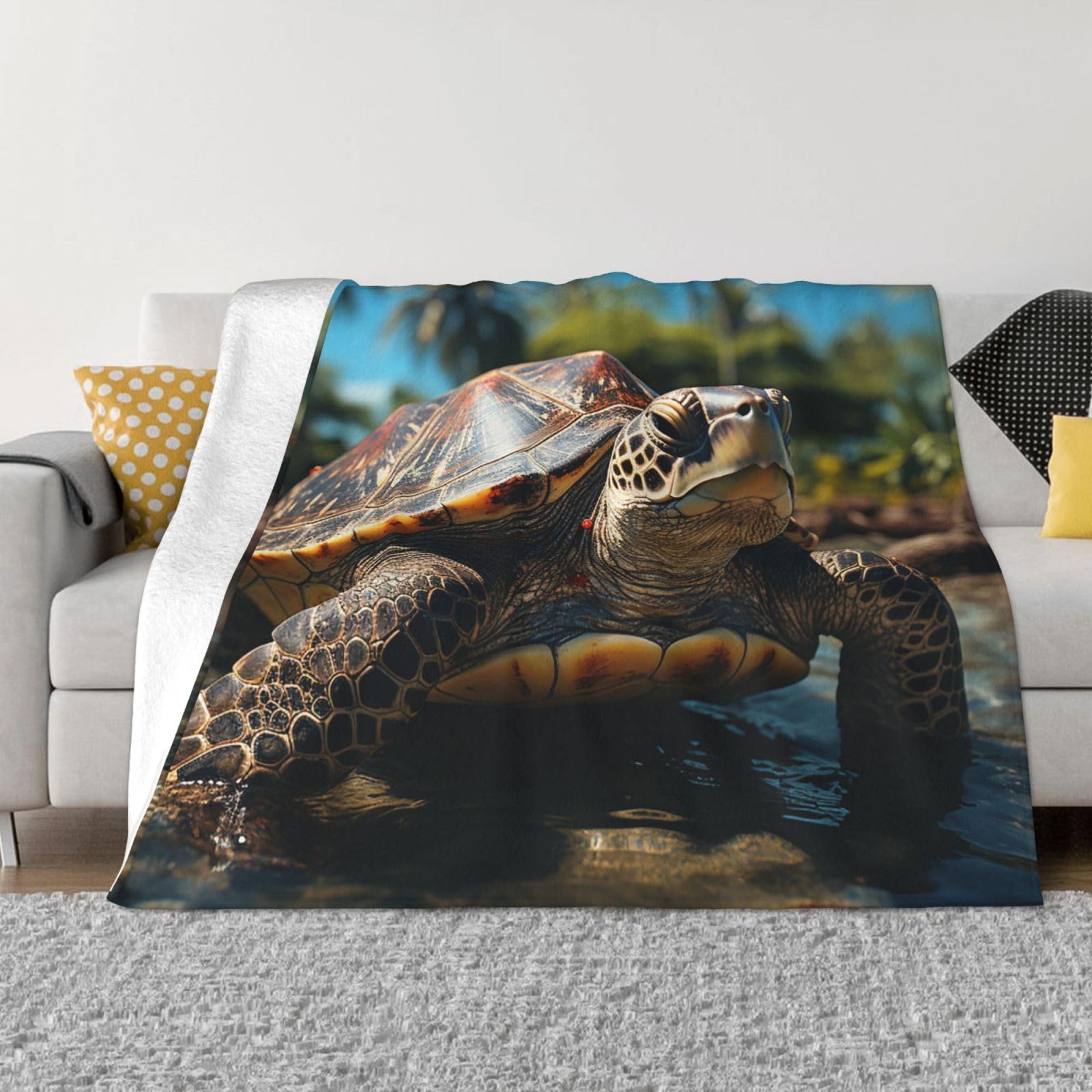 KLOPH Big Turtle and Palm Trees Throw Blanket 40"x30" Flannel Fluffy Warm Blanket for Couch, Reversible Plush Blankets for Bed, Comfy Fuzzy Blanket for Sofa, Plush Lightweight-Blankets for All Season