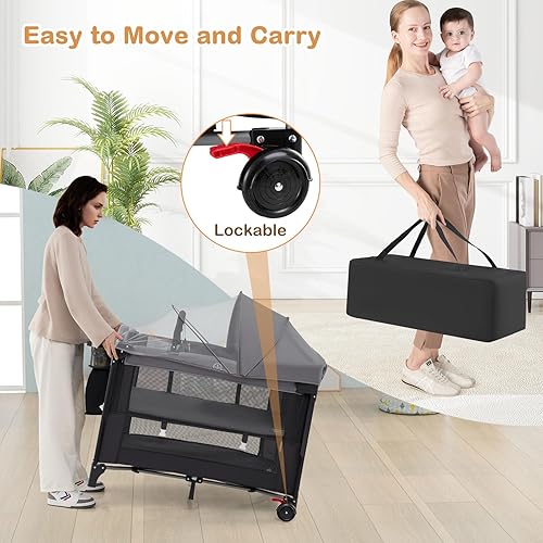 Miniatura 7 de HONEY JOY Pack and Play, cama 5 en 1 para bebé con moisés, toldo extraíble, cambiador de pañales, cremallera lateral, altura ajustable, cuna