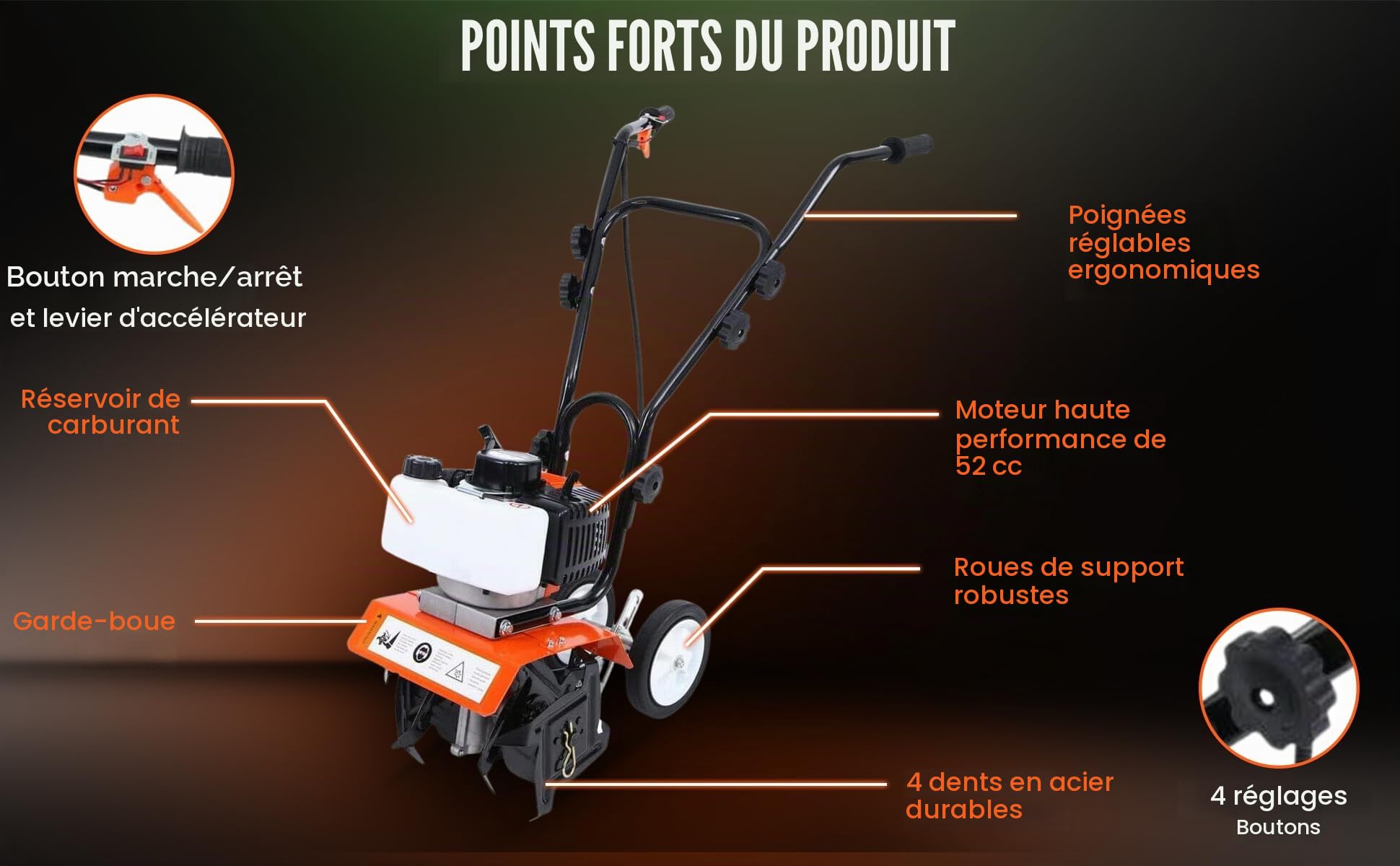 Dealourus - Motoculteur avec moteur à essence 52 cm³ - 3 CV- 2 temps - Léger, compact et puissant - Poignées sûres - Conçu pour être durable et robuste