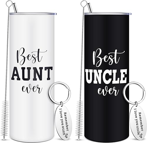 Sliner El juego de 2 regalos para tía y tío incluye vaso de viaje blanco y negro de 20 onzas con tapa, popote y llavero para agradecimiento a tía
