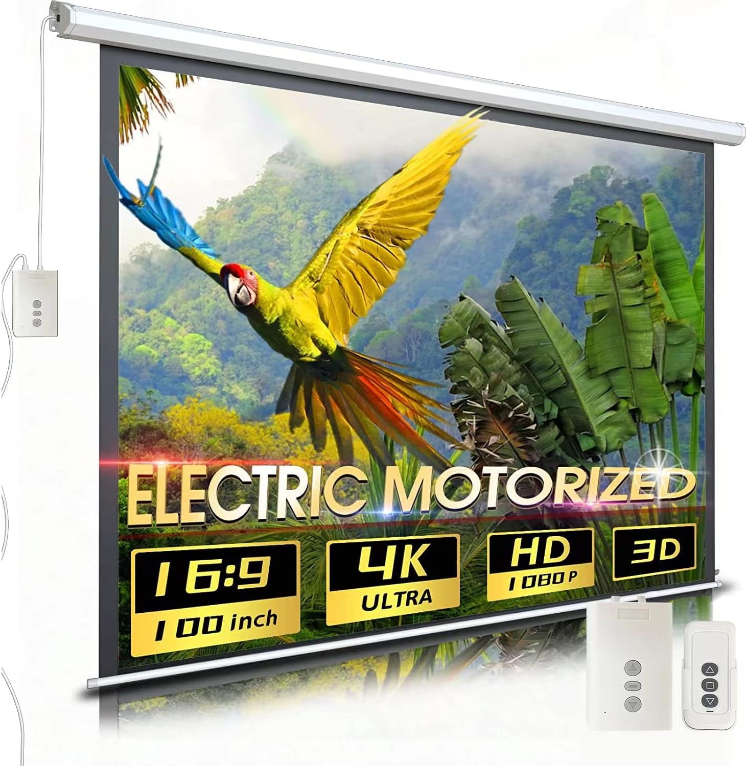 Auto Motorized Projector Screen 100 inch 16:9 HD Diagonal with Remote Control, Wall/Ceiling Mounted Electric Movie Screen Wrinkle-Free, Great for Home Office Theater TV Usage