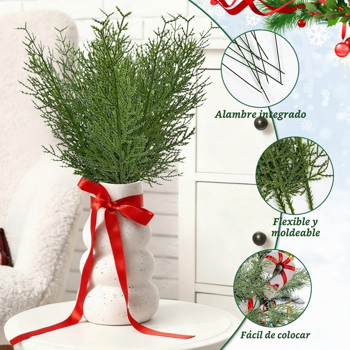 40 Pcs Ramas de Pino Artificial de Navidad 35cm Ramas de Abeto Artificiales Navideñas Decorativas Hacer Guirnaldas/Coronas/Manualidades/Decoración-Flexible Cortable