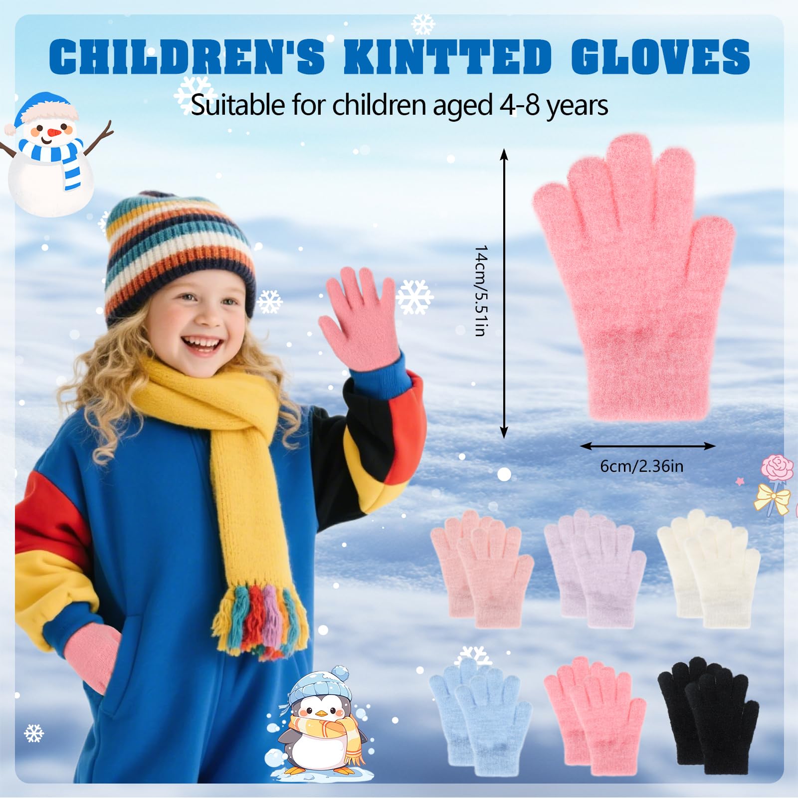 QKURT 6 Pares de Guantes Cálidos de Invierno para Niños, Guantes Infantiles de Colores Lisos con Dedos Completos, Guantes Elásticos de Invierno para Niños y Niñas de 4 a 10 años