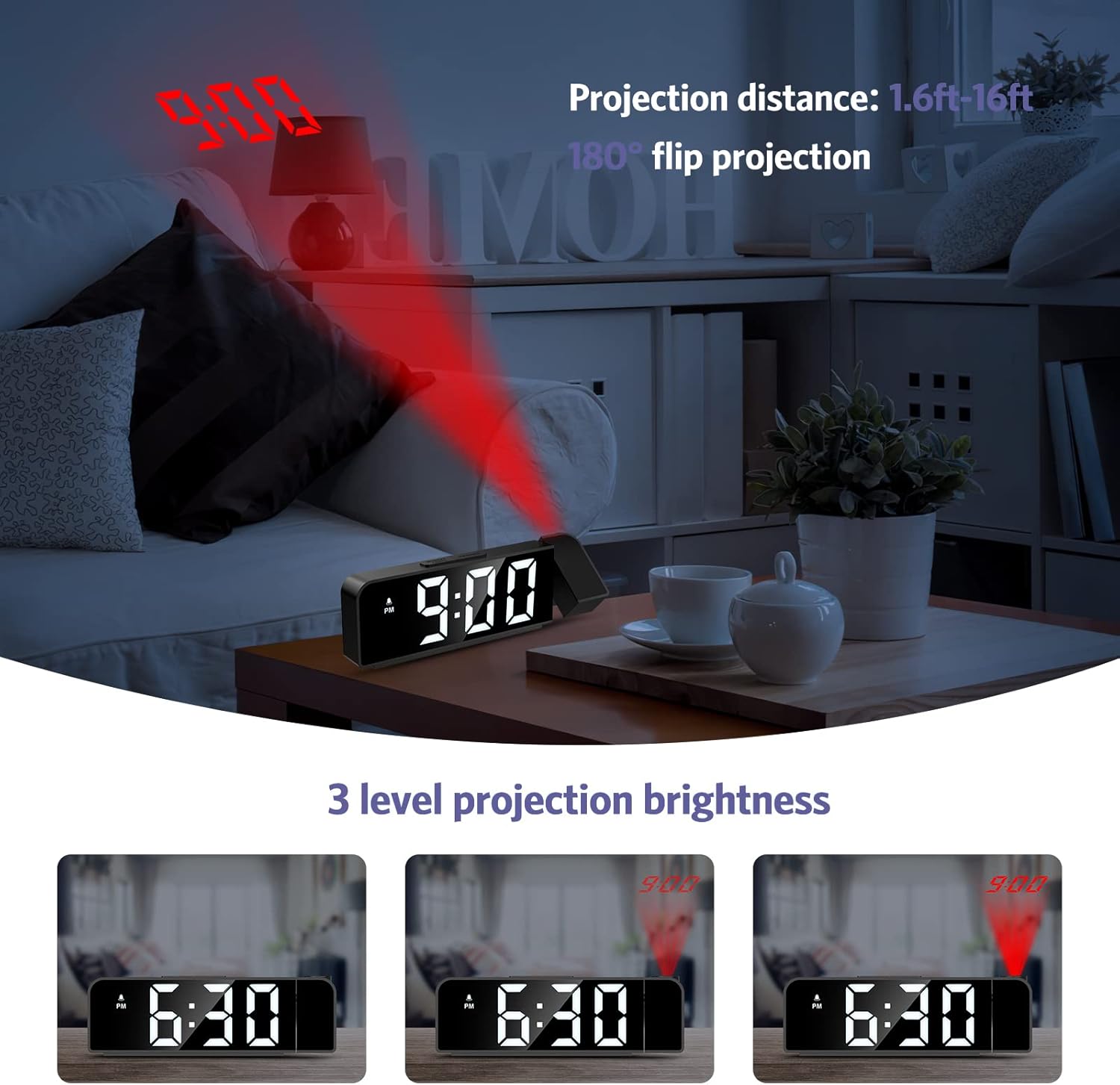 OQIMAX GH8013 Digital Projection Alarm Clock projecting time onto a wall with 180 degree flip