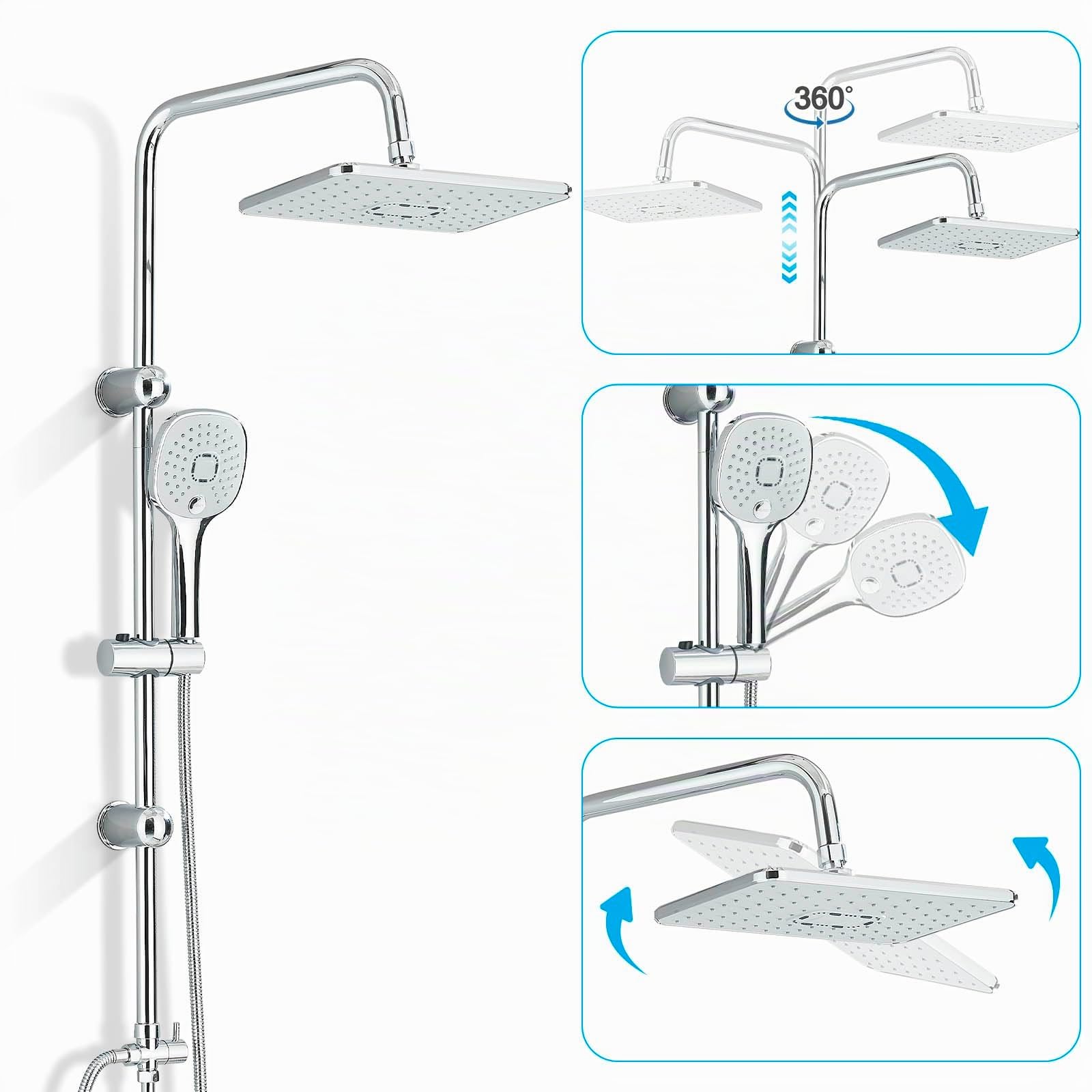 Duschsystem Chrom Höhenverstellbar Regendusche mit Regendusche Duschkopf und Handbrause Dusche Komplett für Badzimmer